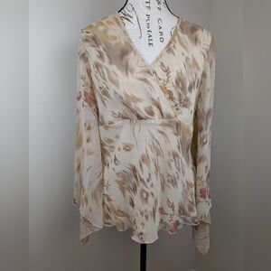 Jennifer Lloyd Vintage Beige Floral Chiffon Bell Sleeve Blouse Boho 90's Medium